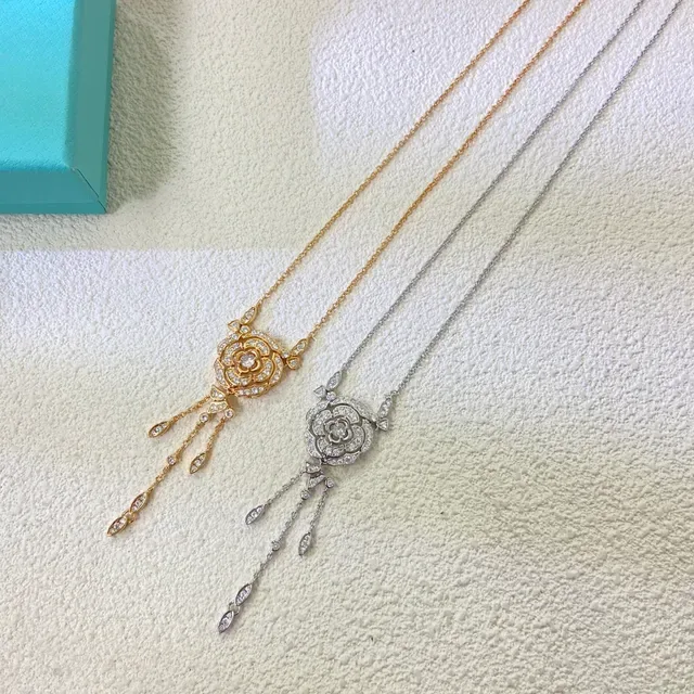 Gold Silver Floral Pendant Pavé-Set Stones Necklace 2