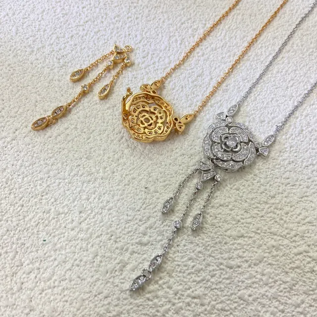 Gold Silver Floral Pendant Pavé-Set Stones Necklace 4
