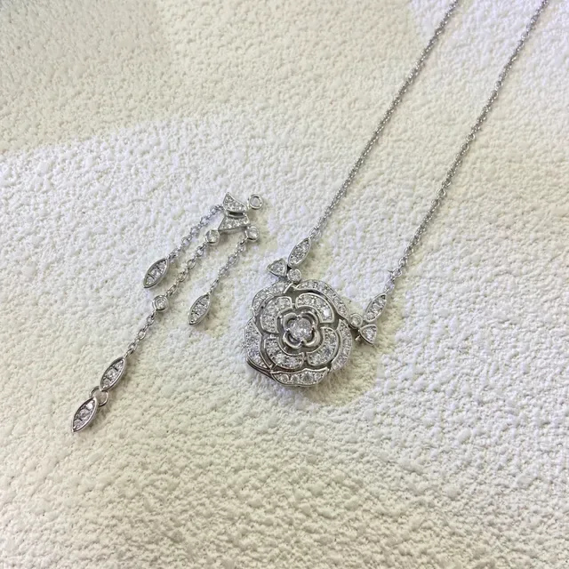 Gold Silver Floral Pendant Pavé-Set Stones Necklace 6
