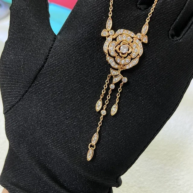 Gold Silver Floral Pendant Pavé-Set Stones Necklace 8