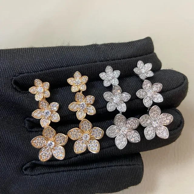 Gold Silver Flower-Shaped Pavé-Set Crystal Earrings 2
