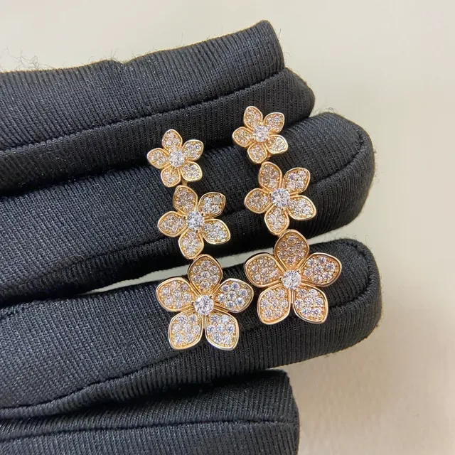 Gold Silver Flower-Shaped Pavé-Set Crystal Earrings 4