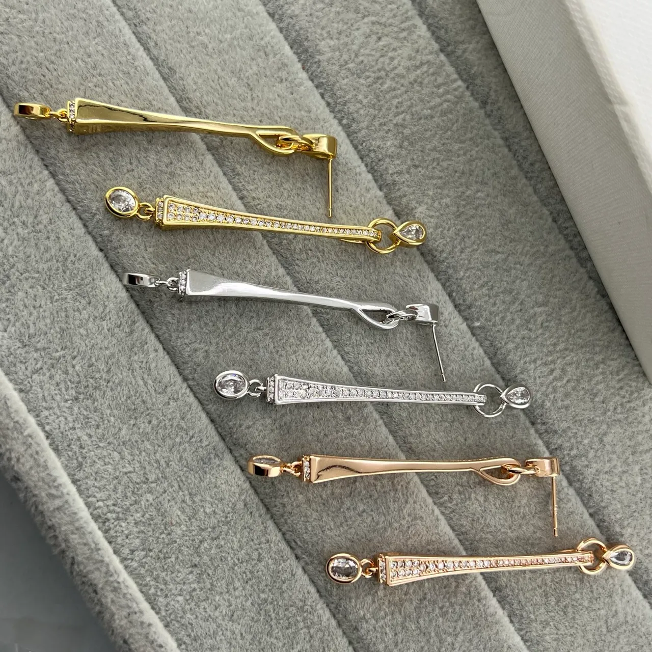 Gold Silver Linear Bar Pavé-Set Stones Earrings 6