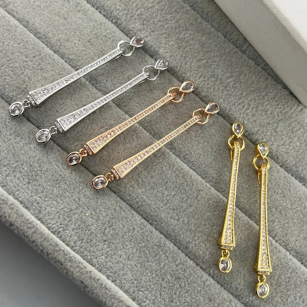 Gold Silver Linear Bar Pavé-Set Stones Earrings 7
