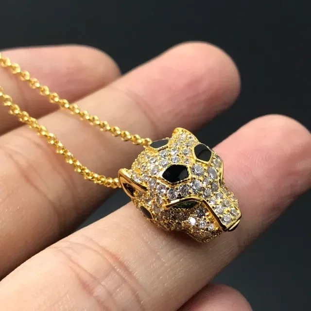 Gold Silver Panther-Head Pendant Pave-Set Crystals Necklace 2