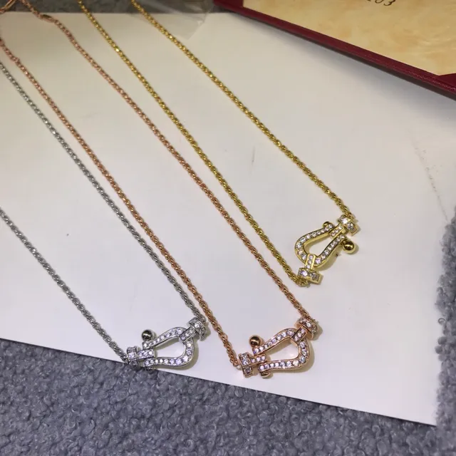 Gold Silver Pave-Set Crystal U-Shaped Pendant Necklace 3