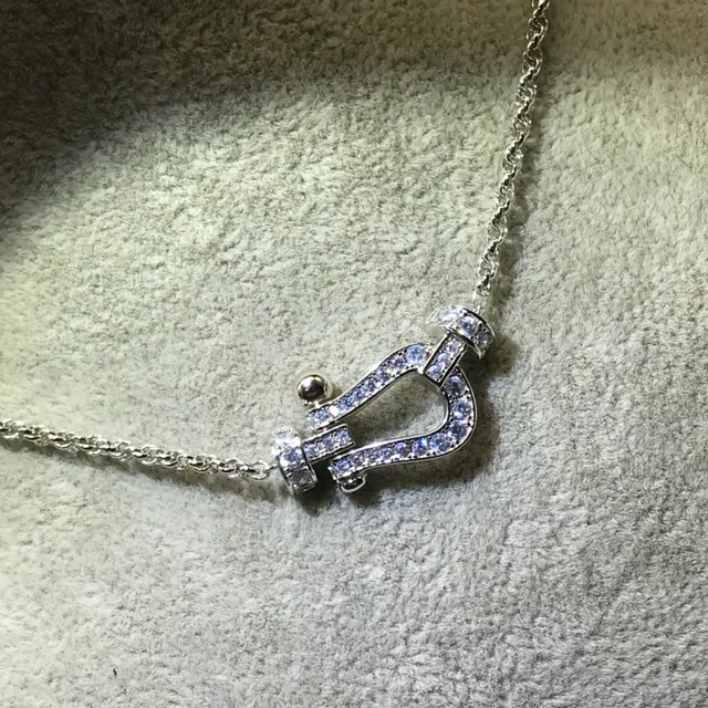 Gold Silver Pave-Set Crystal U-Shaped Pendant Necklace 8