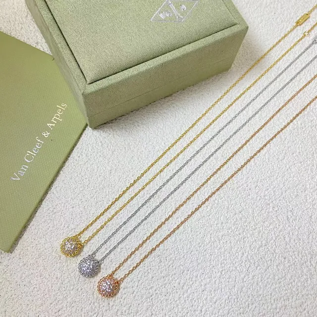 Gold Silver Pavé-Set Spherical Pendant Beaded Edge Bezel Necklace 2