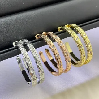 Gold Silver Quilted Diamond-Pattern Band Pavé-Set Stones Earrings