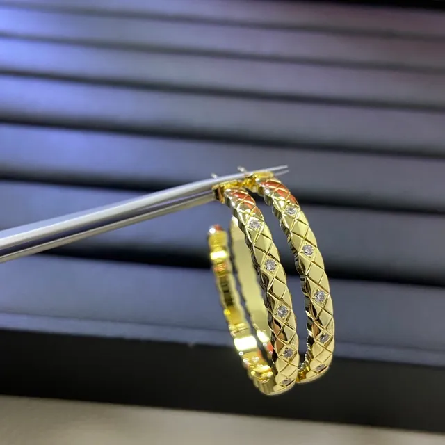 Gold Silver Quilted Diamond-Pattern Band Pavé-Set Stones Earrings 4