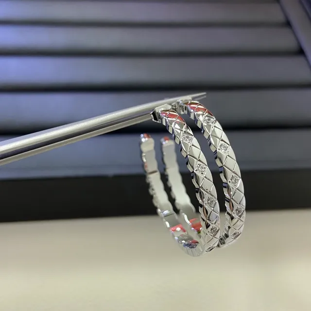 Gold Silver Quilted Diamond-Pattern Band Pavé-Set Stones Earrings 5