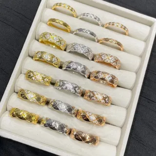 Gold Silver Quilted Lattice Band Pavé-Set Stones Ring