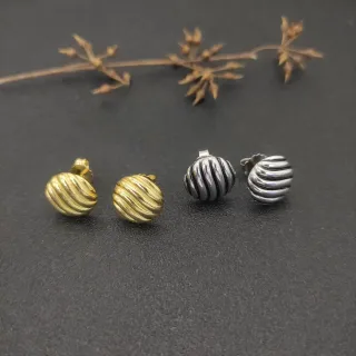 Gold Silver Ribbed Spherical Stud Earrings