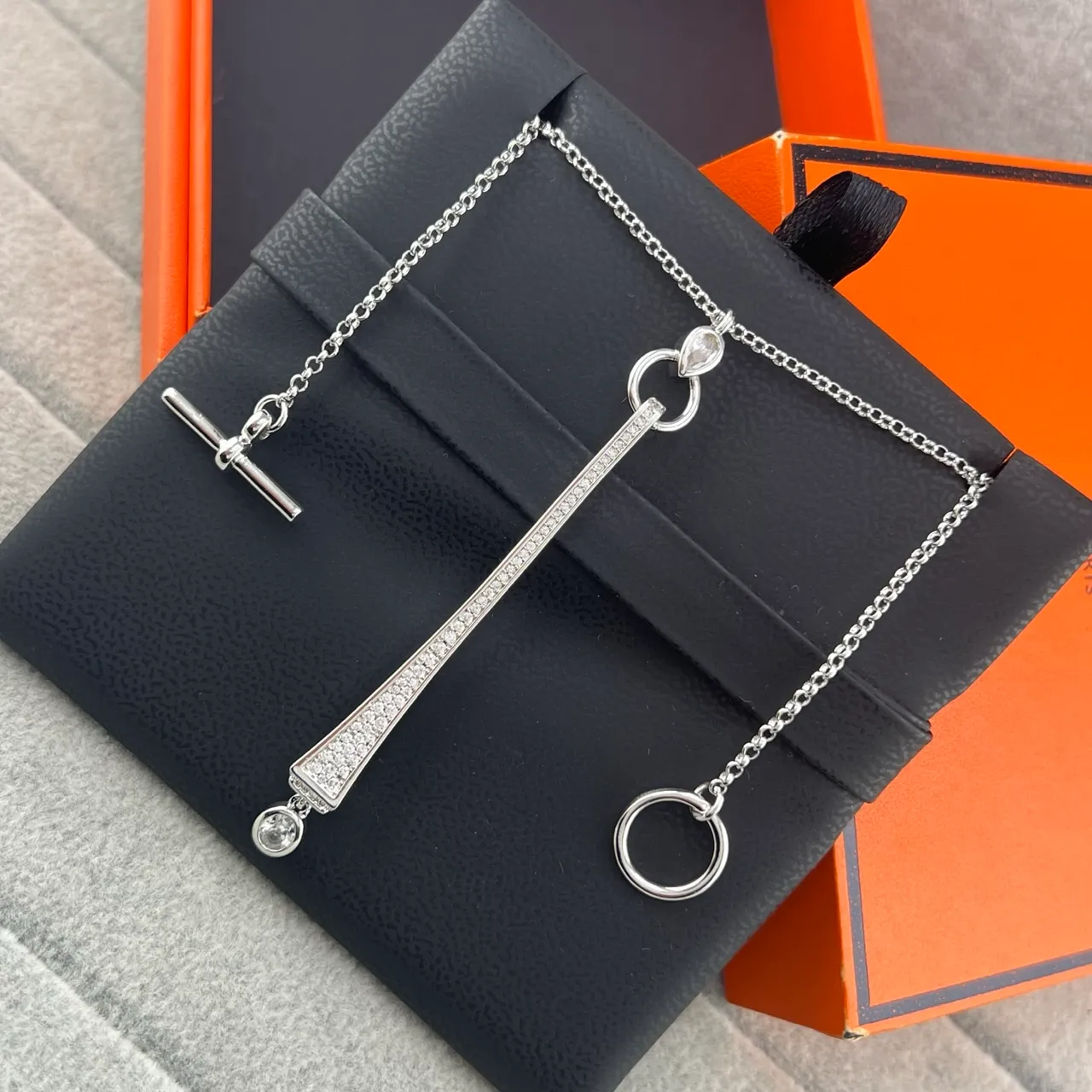 Gold Silver Tapered Bar Pendant Pavé-Set Stones Necklace 3