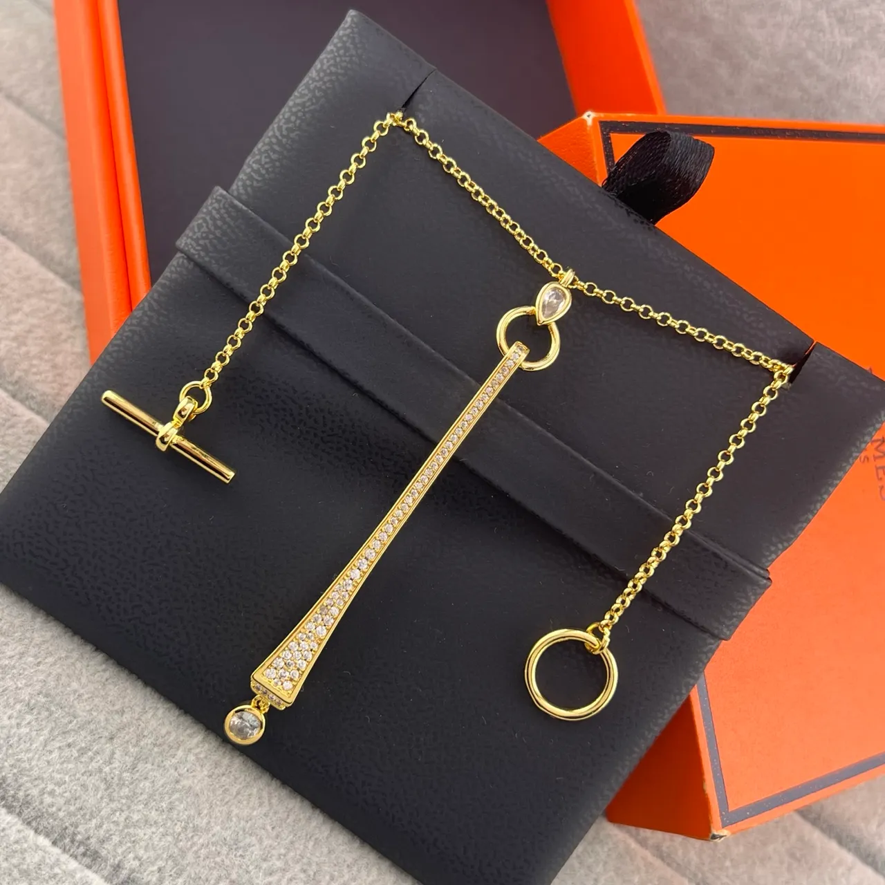 Gold Silver Tapered Bar Pendant Pavé-Set Stones Necklace 4