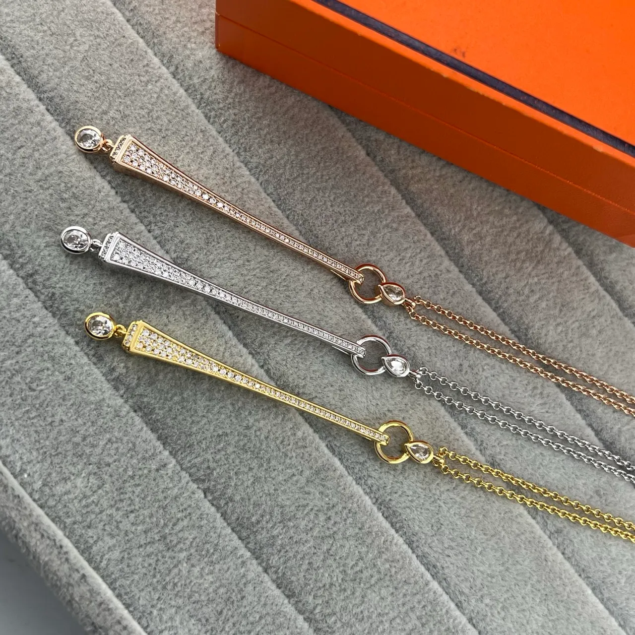 Gold Silver Tapered Bar Pendant Pavé-Set Stones Necklace 6