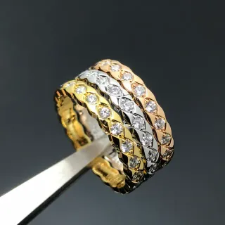Gold Silver Woven Mesh Band Pavé-Set Round Stones Ring