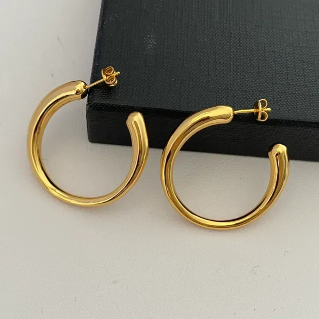 Gold Thick Tubular Hoop Earrings 7