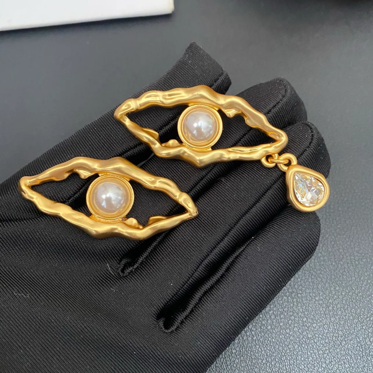 Gold-Tone Asymmetrical Pearl and Crystal Earrings 3