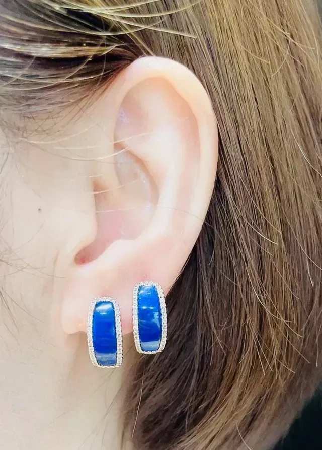 Gold-Tone Blue Enamel Pavé Hoop Earrings 2