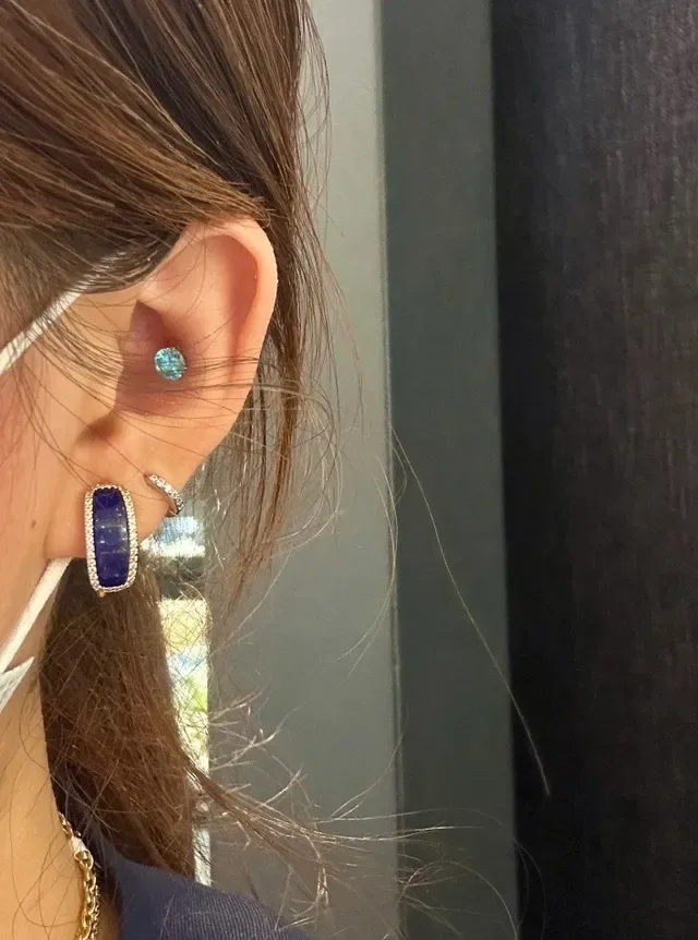 Gold-Tone Blue Enamel Pavé Hoop Earrings 3