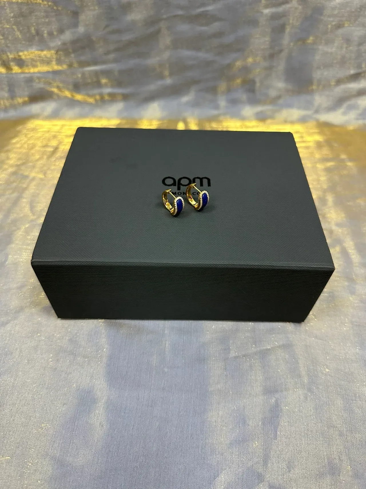 Gold-Tone Blue Enamel Pavé Hoop Earrings 6