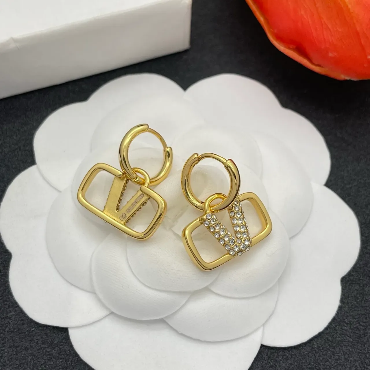 Gold-Tone Crystal Rectangular Pendant Hinged Hoop Earrings 4