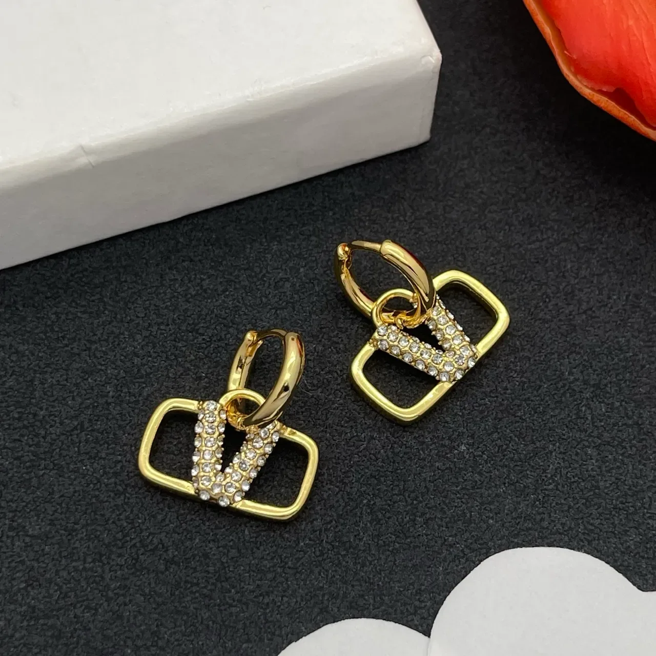 Gold-Tone Crystal Rectangular Pendant Hinged Hoop Earrings 7