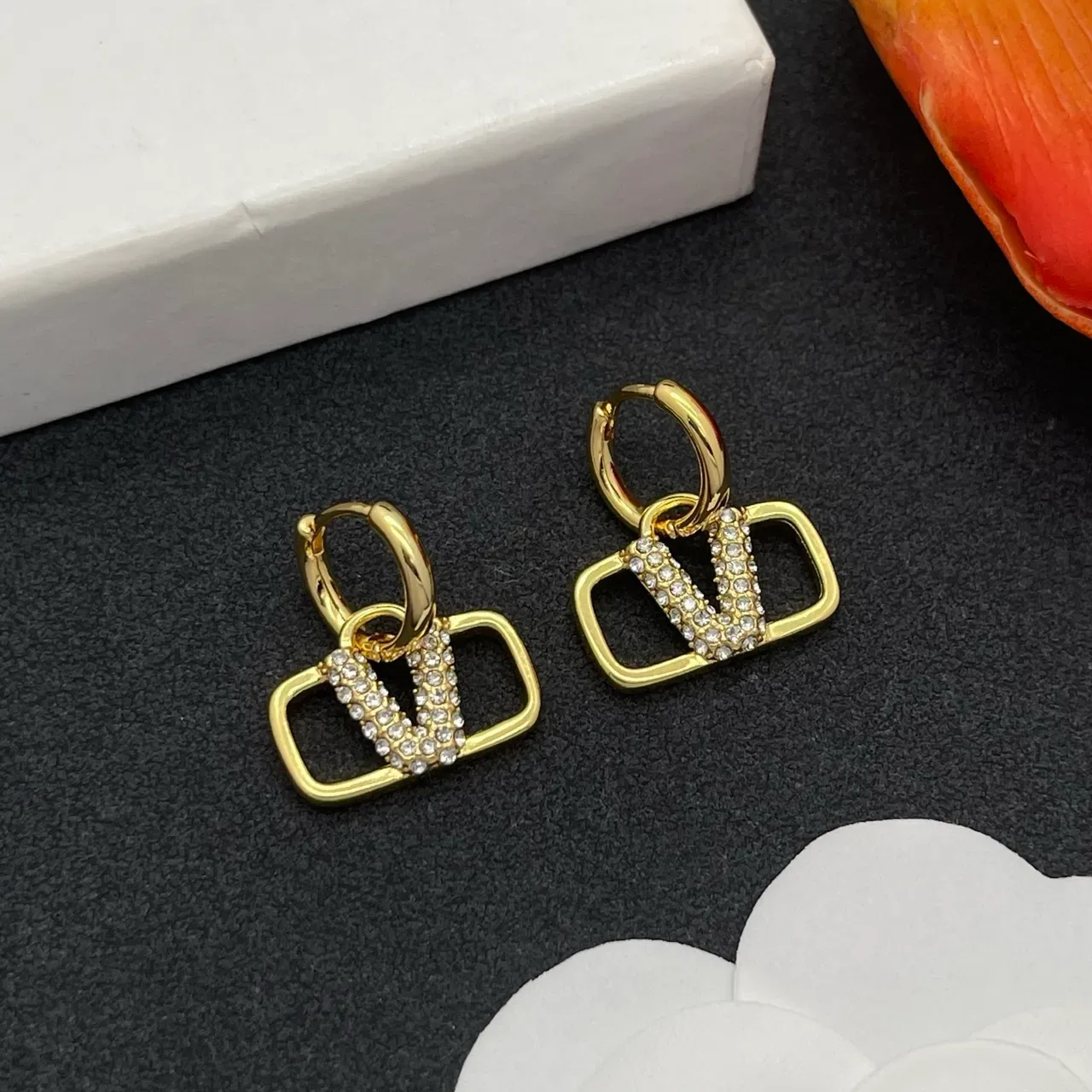 Gold-Tone Crystal Rectangular Pendant Hinged Hoop Earrings 8