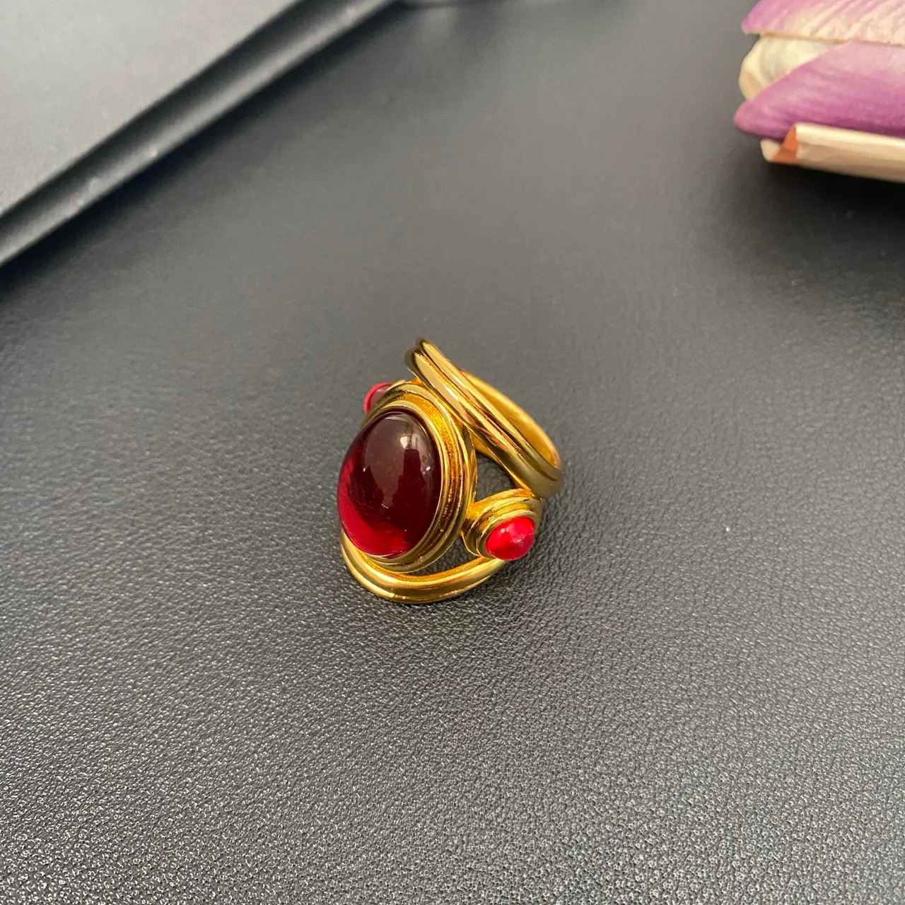 Gold-Tone Dual Red Cabochon Wrap Ring 9
