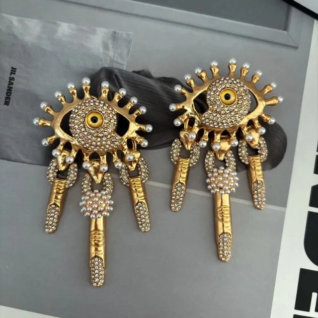 Gold-Tone Evil Eye Pearl-Embellished Dangling Statement Earrings 2