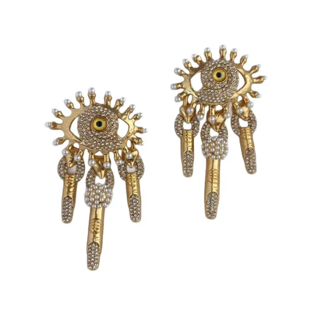 Gold-Tone Evil Eye Pearl-Embellished Dangling Statement Earrings 3