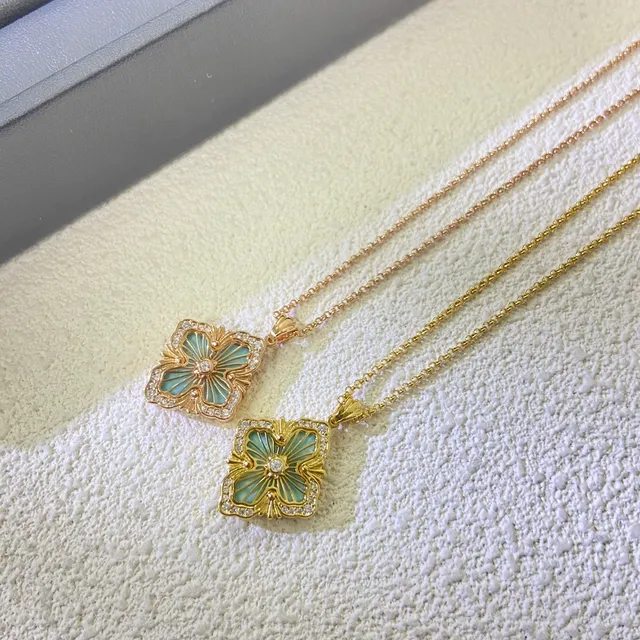 Gold-Tone Floral Enamel Quatrefoil Pendant Necklaces 3