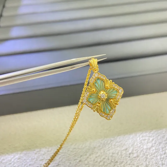 Gold-Tone Floral Enamel Quatrefoil Pendant Necklaces 5