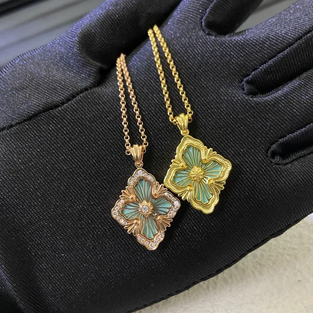 Gold-Tone Floral Enamel Quatrefoil Pendant Necklaces 6