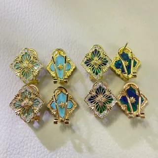 Gold-Tone Floral Filigree Enamel and Crystal Clip-On Earrings