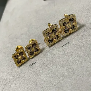 Gold-Tone Floral Quatrefoil Black Enamel Crystal Earrings