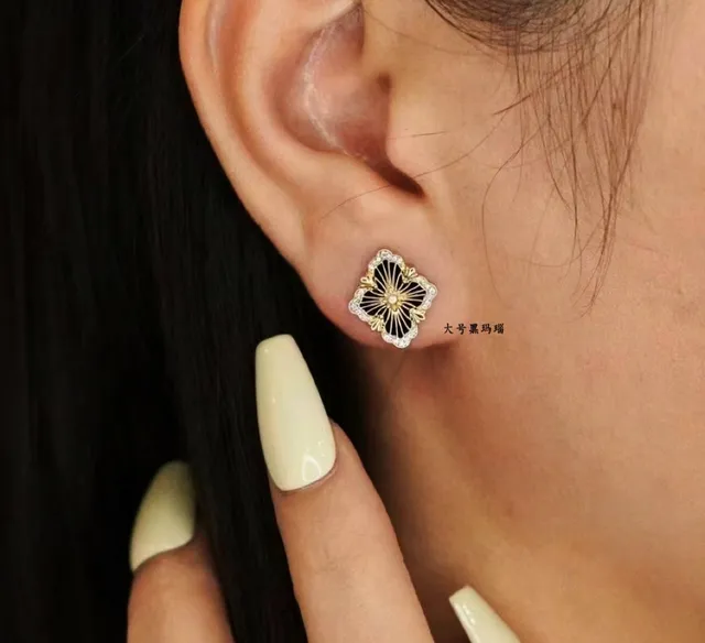 Gold-Tone Floral Quatrefoil Black Enamel Crystal Earrings 9