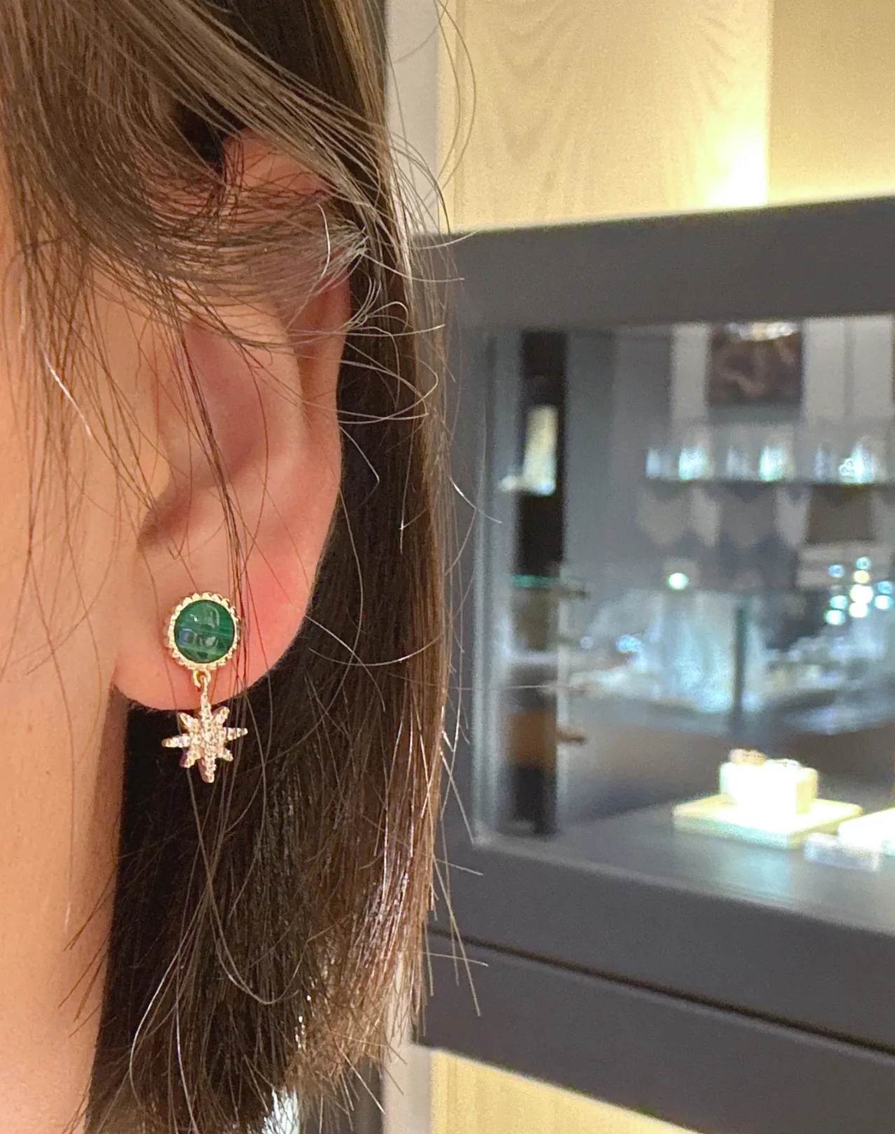 Gold-Tone Green Cabochon Dangling Charm Earrings 3