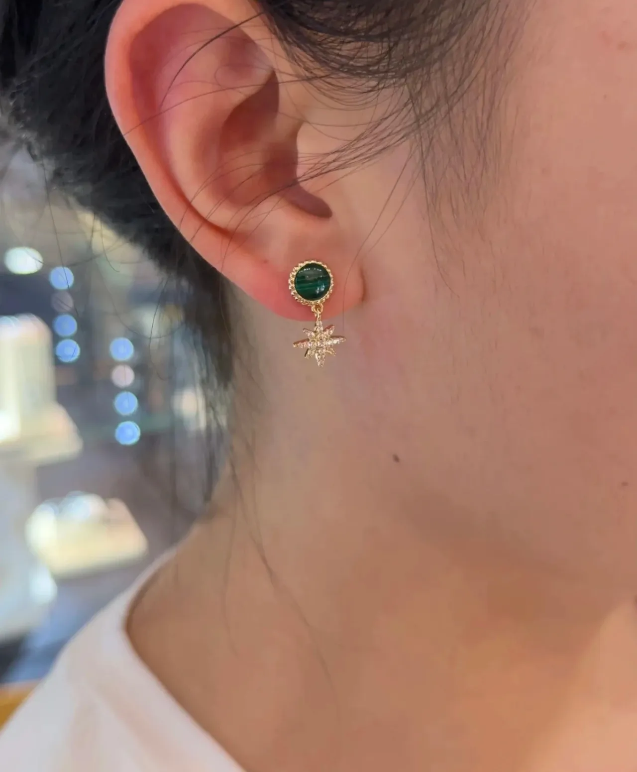 Gold-Tone Green Cabochon Dangling Charm Earrings 4