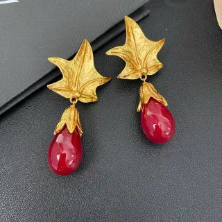 Gold-Tone Leaf Top Red Teardrop Stone Dangle Earrings
