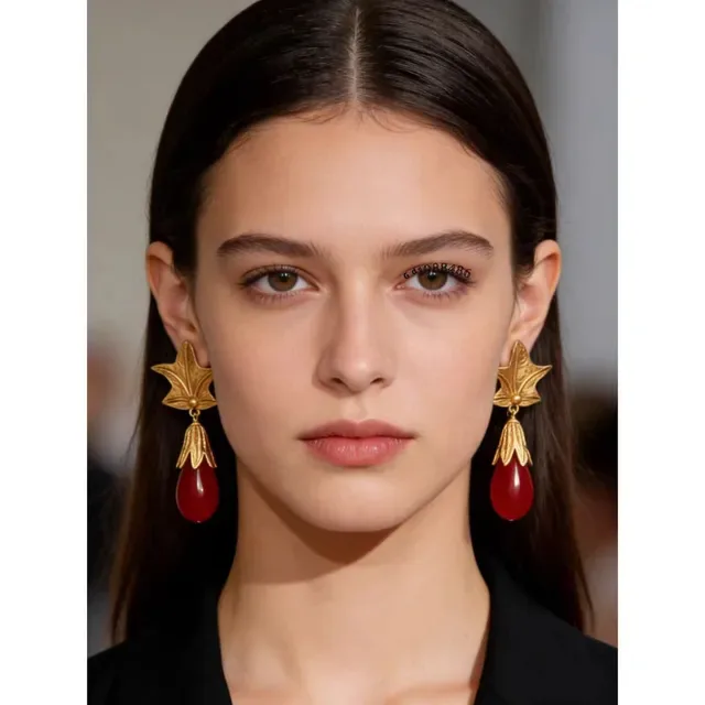 Gold-Tone Leaf Top Red Teardrop Stone Dangle Earrings 2