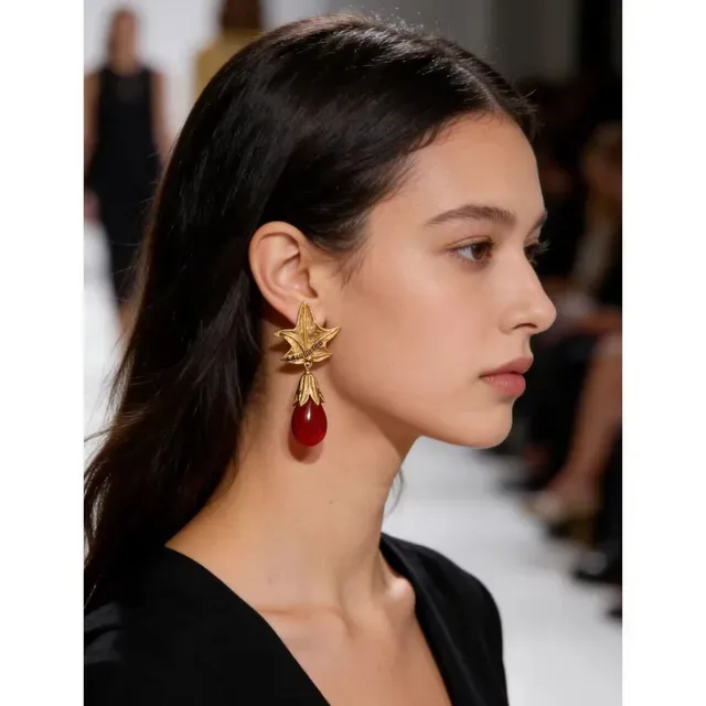 Gold-Tone Leaf Top Red Teardrop Stone Dangle Earrings 3