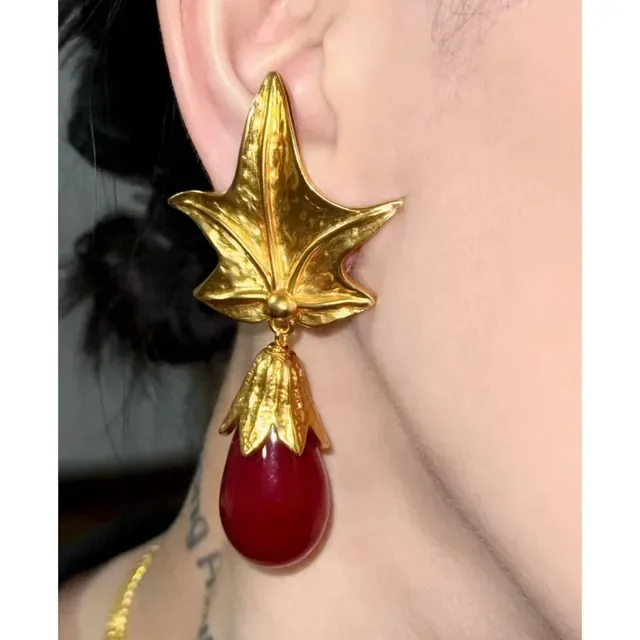 Gold-Tone Leaf Top Red Teardrop Stone Dangle Earrings 4