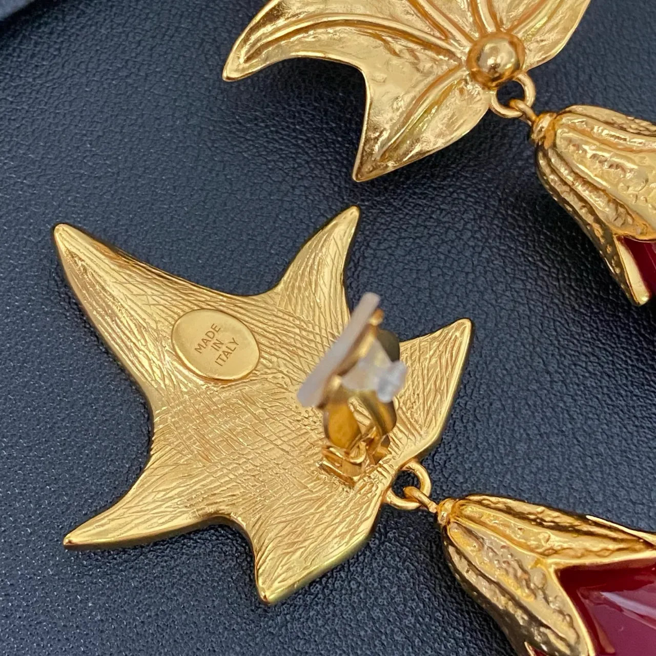 Gold-Tone Leaf Top Red Teardrop Stone Dangle Earrings 5