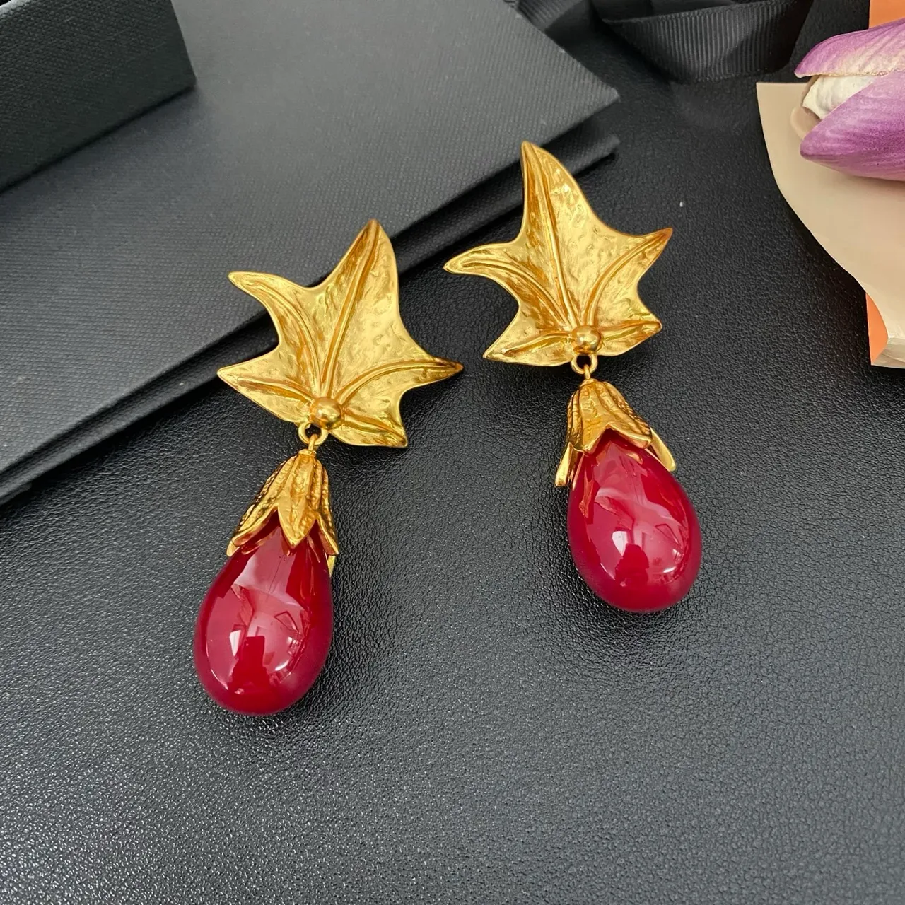 Gold-Tone Leaf Top Red Teardrop Stone Dangle Earrings 6