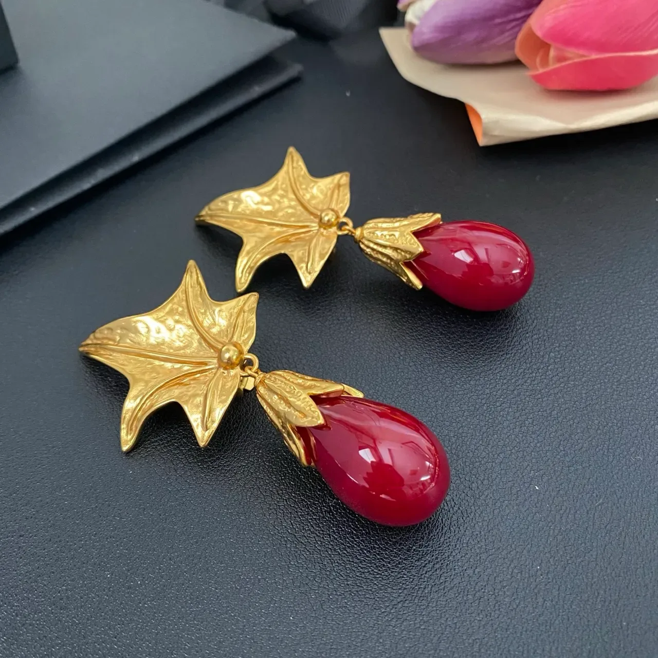 Gold-Tone Leaf Top Red Teardrop Stone Dangle Earrings 7