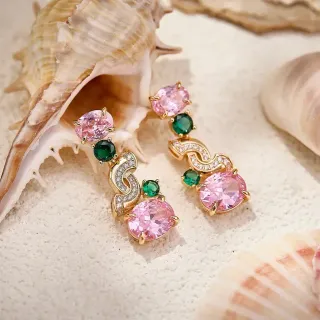 Gold-Tone Pink and Green Gemstone Swirl Motif Dangling Earrings