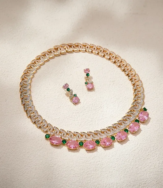 Gold-Tone Pink and Green Gemstone Swirl Motif Dangling Earrings 2