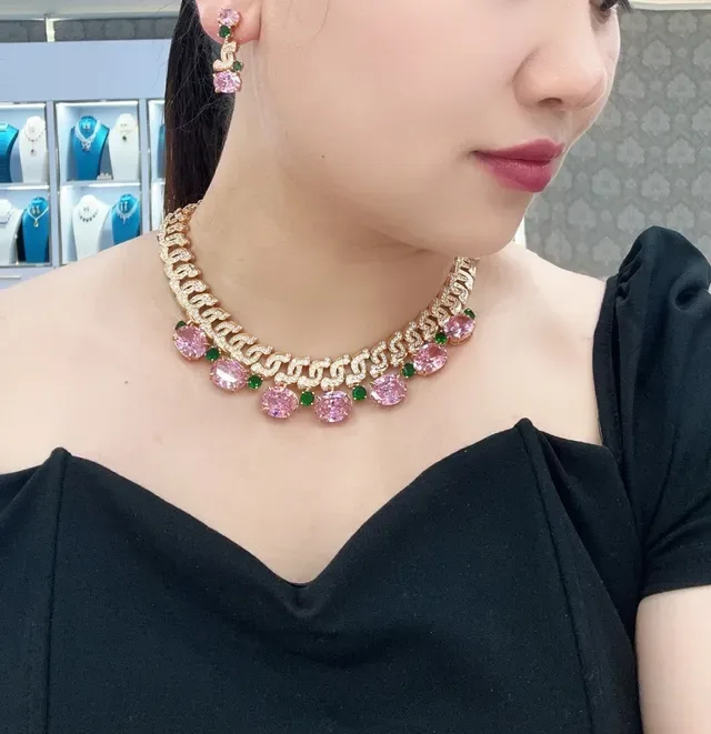 Gold-Tone Pink and Green Gemstone Swirl Motif Dangling Earrings 3